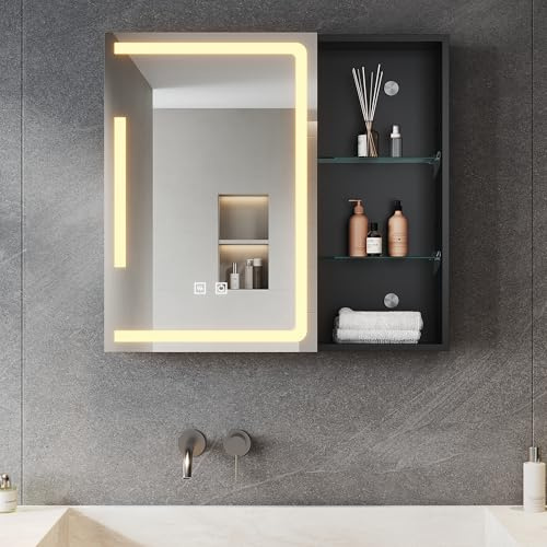 SONNI LED badrum spegelskåp med justerbar hylla och öppet förvaringsutrymme, 65 x 60 cm spegelskåp badrum med belysning och uttag, dimbar, dimbart, medicinskåp