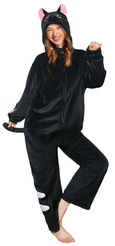 OLAOLA Combinaison Pyjama Femme Homme Animaux Costume Unisexe Adulte Onesie Halloween Cosplay Deguisement Kigurumi Pajamas Fête Vêtements de Nuit (S, Chat Noir)