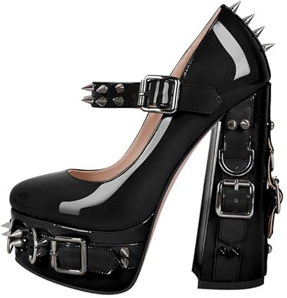 blingqueen Mary Jane Pumps for Women Black Platform Pumps with Rivets Buckle Ankle Strappy Chunky Block Heels Sexy 6 Inch Heel Patent Leather Gothic Shoes Biker Punk Pumps Wedding Shoes Size 5