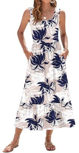 WNEEDU Vestido de Verano para Mujer Vestido Largo sin Mangas con Cintura Imperio Vestidos playeros aireados con Escote en U y Bolsillos para Mujer