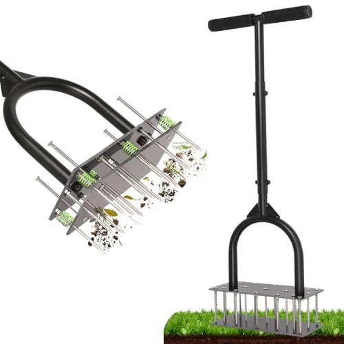 CASUSEN Aireador de césped, 15 clavos de acero inoxidable, con resorte, elimina automáticamente la suciedad y ahorra esfuerzo, herramienta de tierra para patio, jardín, herramienta aireadora manual de
