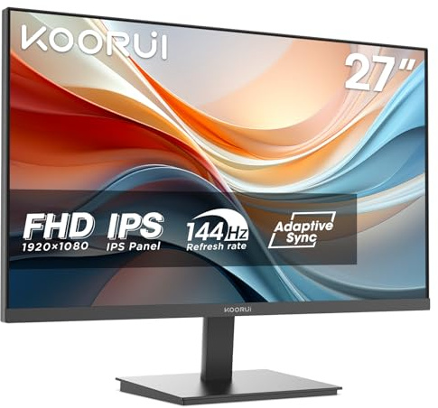 KOORUI E2711K 27 Inch FHD Monitor, Gaming 144Hz, IPS Computer Monitors, 1080P Pc Screen, Adaptive Sync, 5ms, VESA 100x100mm, Eye Care, HDMI, VGA