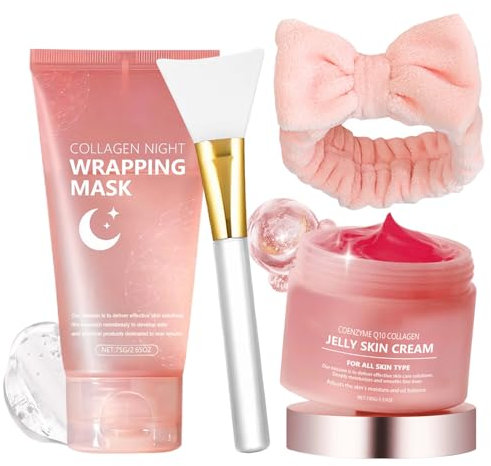Coffret Soin Visage Femme, Collagen Night Wrapping Mask, Masque au Collagene Visage Coréen, Crème à la Gelée de Collagène, Hydratation Intense, Réduction du Relâchement et de L'aspect Terne-3 Pièces