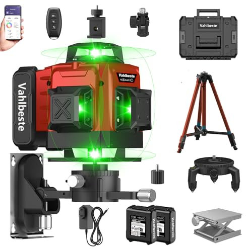 Vahlbeste Nivel Laser con Tripode,Nivel Laser Autonivelante 360 Grados con 2x4800mAh Batería & Indicador LED,Nivelador Laser 4 x 360 °, 4D 16 Líneas Laser Verde/APP/Control Remoto/IP54 Resistente Agua