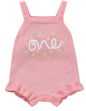 Yanmucy första födelsedag outfit stickad ärmlös baby flicka sparkdräkt 1 1/2 födelsedag flicka outfit tårta smash outfit, Rosa One, 6-12 månader