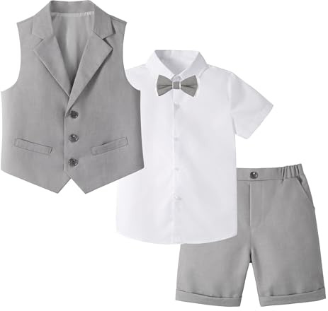 LOLANTA 4-Piece Kids Waistcoat Suit, Boys Wedding Party Shorts Set, Page Boy Outfit, Shirt, Bow Tie, Shorts, Waistcoat, Light Grey, 2-3 Years, 100