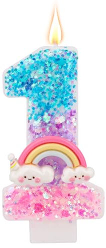 Rainbow Birthday Number Candle One, Shiny Colorful Macaron 1st Birthday Cake First Candles Cartoon Theme Party Supplies Anniversary Celebrations Rainbow Cake Decorations (Number 1)
