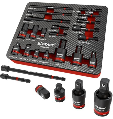 EZARC Lot de 21 adaptateurs de clé à douille, extensions et réducteurs CR-V, joints de cardan CR-MO et adaptateur à impact, visseuse à percussion, accessoires pour réparation automobile et atelier