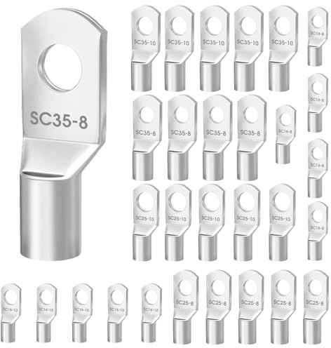 30 Terminales de Cable Tubular Cobre Estañado M8 M10, 16mm² 25mm² 35mm², Terminales Conectores SC Sin Aislamiento de Cobre Estañado para Coche Cables Batería Automoción Instalaciones Eléctricas