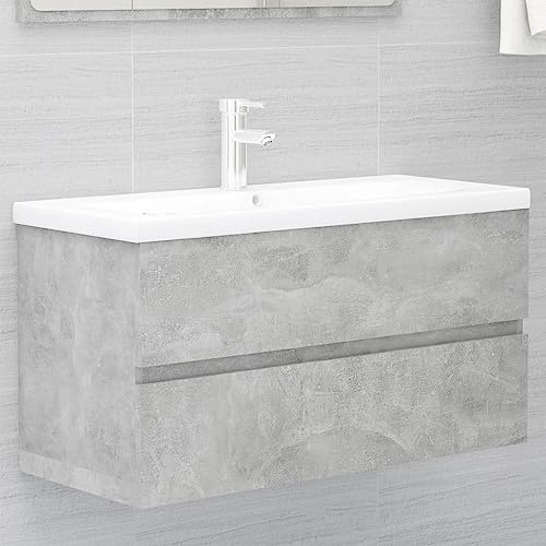ZQQLVOO Sink Cabinet with Built-in Basin Concrete Grey Engineered Wood, 1 Drawer Storage for Bathroom, Ceramic Washbasin with Overflow and Glazed Surface, Modern Vanity Unit, Durable
