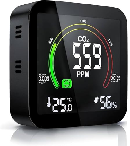 5 in 1 CO2 Monitor Detector, Sicomne CO2 Detector Alarm Carbon Dioxide Detector Indoor Air Quality Monitor Temperature Humidity SensMonitor LCD Display Home Office Gym Car Black