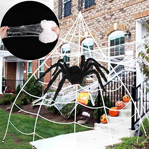 Qpout Halloween Spider Web Spider Decorations, White Wool Thread Fake Spider Web, 43sqft Stretchy Cobwebs, 2.5 inch Black Spider And 2 Small Plastic Spider for Halloween Party Indoor Outdoor Decor
