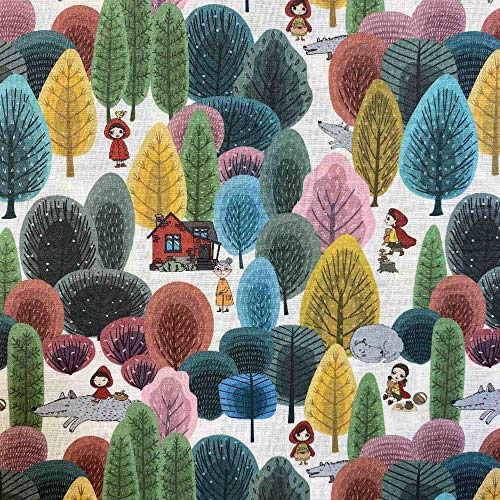 Kt KILOtela - Tela Popelín Estampada Digital, Algodón, Decoración, Ropa Vestir, Accesorios, Manualidades, Patchwork, 50 cm Largo x 140 cm Ancho, Caperucita Roja en el Bosque, Multicolor ─ 0,50 Metro