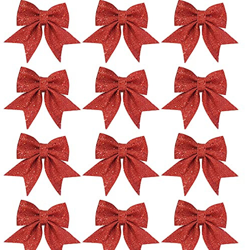 KHBNHJ 12 x Weihnachtsschleifen für Dekorationen, Weihnachtsbaum-Schleifen, große Weihnachts-Glitzer-Schleifen, Weihnachtsbaum-Dekorationen, rot