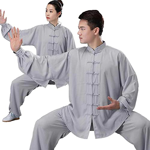 HFCY Cinese Tradizionale Arti Marziali Kung Fu Tai Chi Abbigliamento per Uomini Donne Camicia Manica Lunga Pantaloni Formazione Uniforme Primavera, grigio-M