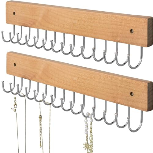 SCUNDA Wall Mounted Necklace Holder, Farmhouse Style Necklace Holder, Tangle Free Wall Jewelry Organizer with 28 Hooks(2 Packs,Natural)