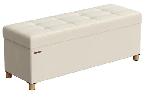 SONGMICS Sitzhocker mit Stauraum, klappbare Sitzbank mit Beinen, 38 x 110 x 40 cm Fußbank, Aufbewahrungsbox, bis 300 kg belastbar, für Wohnzimmer Schlafzimmer Flur, cremeweiß LSF018W11