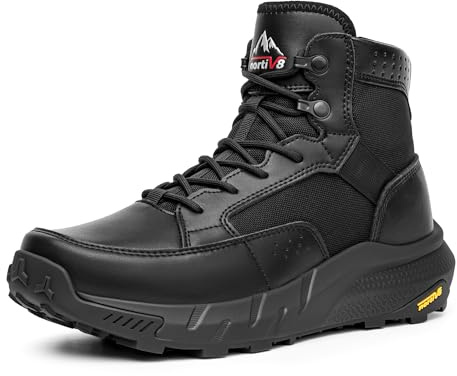 NORTIV 8 Stivali da lavoro leggeri da uomo, in pelle, stile militare, per attività all'aperto, escursionismo, moto, stivali da combattimento Commando, nero, 40 EU
