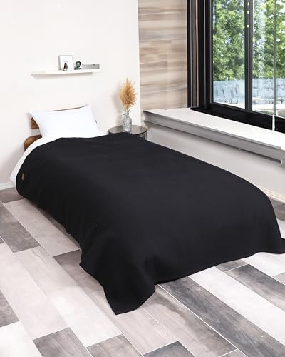 nottoc Dubbelt överkast svart 220 x 240 cm – premium våffelpiké, 100 % bomull – lätt sommarfilt i våffelutseende – bomullsfilt som överkast, sofföverkast, sofföverdrag