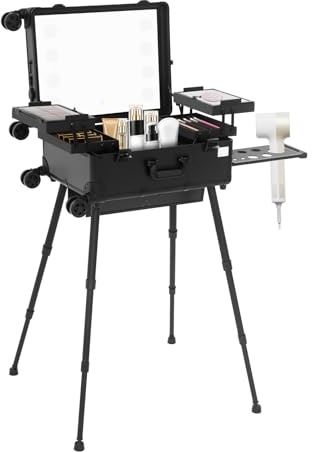 MINRS Valise de maquillage à roulettes Avec miroir et lumière Hauteur et luminosité réglables Verrouillable Pour les voyages, les coiffeurs, les maquilleurs Noir