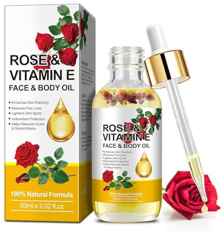Huile de rose bio à la vitamine E, huile de rose pour le visage contre les rides, les taches sombres, les cicatrices, les peaux sèches, huile corporelle pour le Gua Sha - Hydrate et nourrit le visage