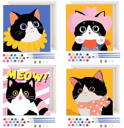MAXBYE 4 Pack Paint by Numbers Kit for Kids, Cute Cat Painting By Number Kits for Kids Ages 8-12, Paint by Numbers with Framed, Canvas Children DIY Paints by Number Kits for Beginners 8x8 In