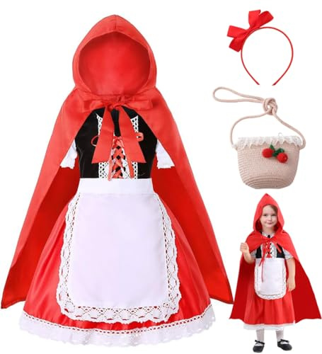 HarnyLoom Deguisement Petit Chaperon Rouge, Costume Capuche Rouge pour Robe Cape à Capuche Fairytail avec Bandeau Sac Carnaval Halloween Cosplay (120)