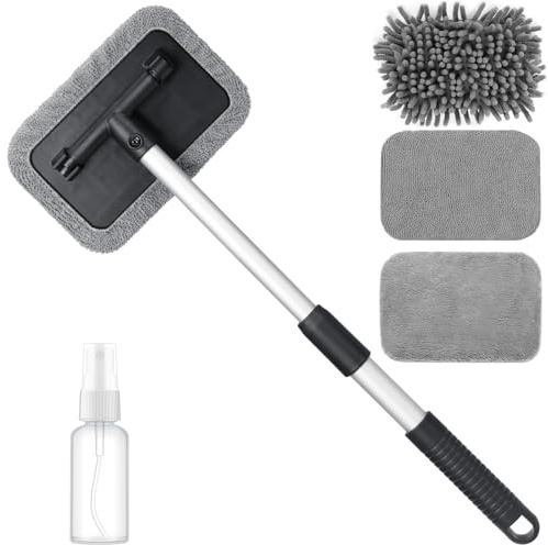 AiQInu Spazzola Pulizia Vetri Auto, con 3 Riutilizzabili Tamponi in Microfibra Kit Pulizia Auto,Detergente per Parabrezza Retrattile Pulizia Vetri Auto Interni, 180° Maniglia Girevole
