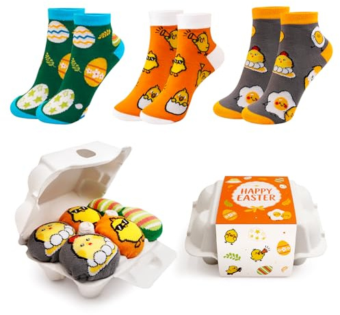 VTMJ 3 pares de calcetines de Pascua regalos niños adultos de algodón, regalos de Pascua adultos niños divertidos calcetines de Pascua con pollitos patrón de huevo de Pascua regalo de Pascua para