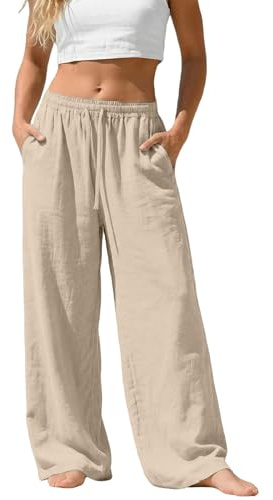 Pantalones de Lino Mujer,Pantalones Anchos Mujer Primavera Verano Cintura Elástica con Bolsillos y Cordón Pantalon Chandal de Pierna Ancha Rectos Cómodo Transpirable Pantalón Largo de Playa 2026