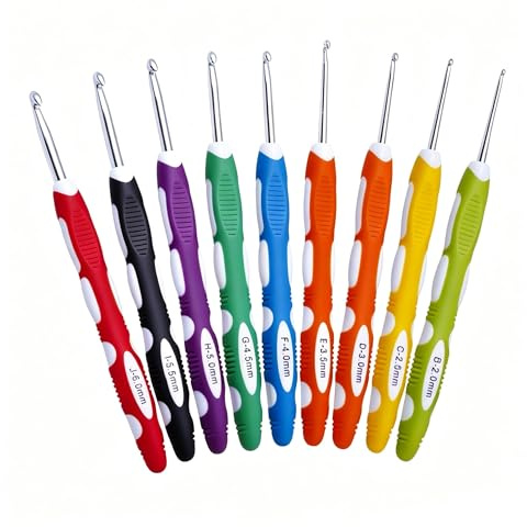 Lot de 9 crochets ergonomiques en acier inoxydable avec poignees en silicone souple pour tricot et crochet, aiguilles a crochet confortables pour adultes et debutants, accessoires de tricot