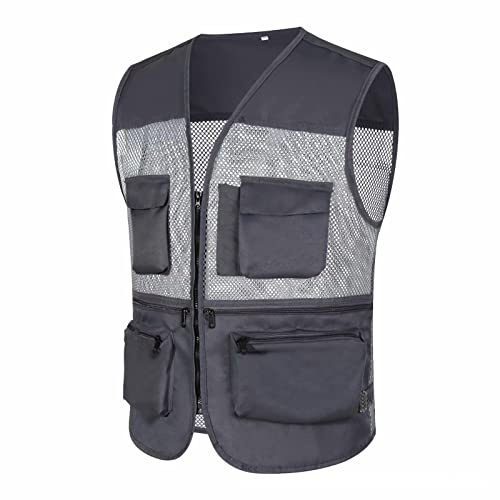 Chaleco de pesca para hombre, malla ligera, chaleco utilitario de múltiples bolsillos, cremallera frontal, sin mangas, chaleco de verano transpirable para pesca, senderismo, fotografía, viajes