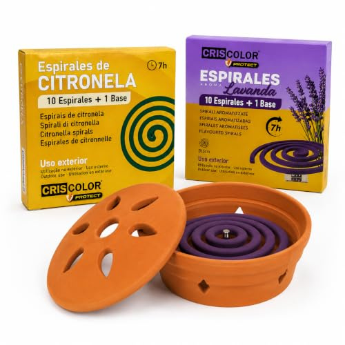 Kit Terraza Antimosquitos Mixto Espirales Citronela Lavanda + Quemador Cerámica Terracota – 20 Espirales 7h – Antimosquitos Exterior Jardín
