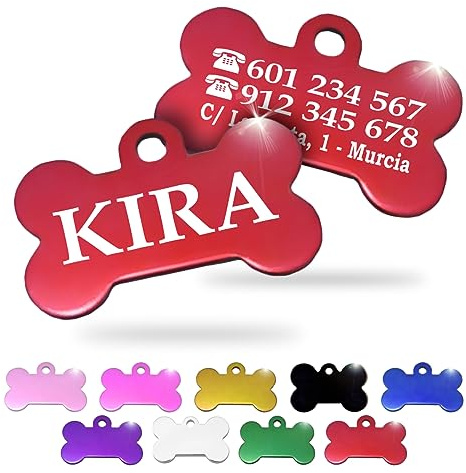 Ibera Gifts - Chapa Perro Grabada en Forma de Hueso, Placa Perro Personalizada para Perros y Gatos Pequeños y Medianos, Tamaño 30 x 20 mm, Chapa Identificativa Perro y Gato (Roja)