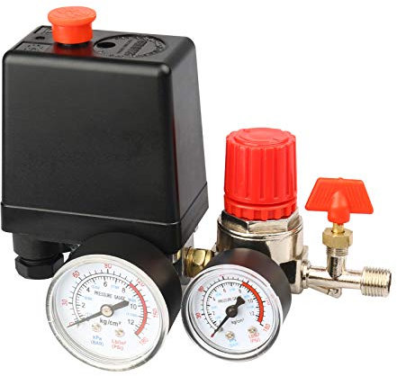Opaltool Régulateur de Commande Compresseur d'air Pressostat Commutateur de Soupape de pression de compresseur d'air G1 / 4 trou unique pour le contrôle de pompe de compresseur d'air (With Guage)