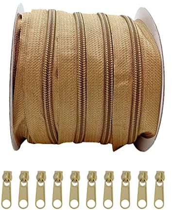 25 Metros cremallero Continua de Nylon + 10 Cursores Libres Deslizadores de Metal para Costura, Cremallera para Ropa y Telas, 5#, (Beige 3465)