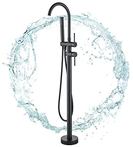 fyheast Grifo bañera independiente Grifo de llenado de baño Soporte de piso de manija única negro con ducha de mano