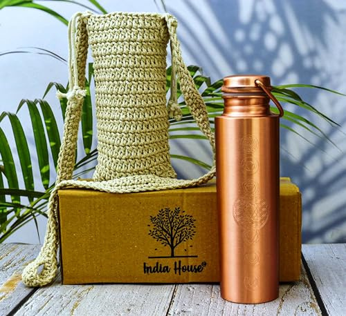 Kopparflaska 7 chakra 100 % ren koppar och bärväska/vattenflaska, 1 000 ml/meditation/gym/yoga från Indien (matt finish)