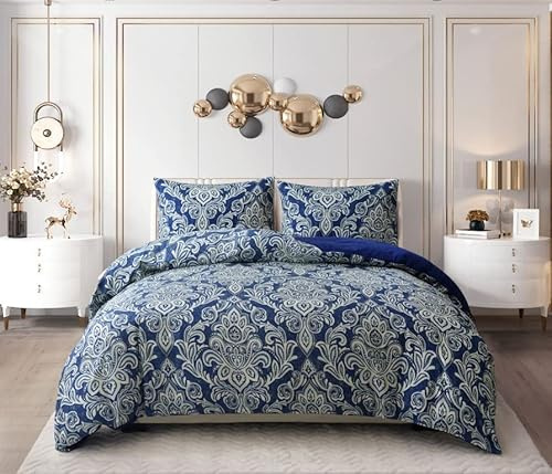 PRIME LINENS Duvet Cover Set 4 Pcs Brushed Microfibre Quilt Cover Bedding Set With Pillow Cases and Extra Fitted Sheet Included (Damask Blue, Super King)