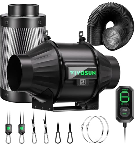 VIVOSUN Kit di Estrazione Ventilatore da Condotto 100mm 357m³/h con Regolatore di velocità E12 Filtro a Carbone e Condotto 240cm AeroZesh T4 per Tende di Coltivazione e Growbox