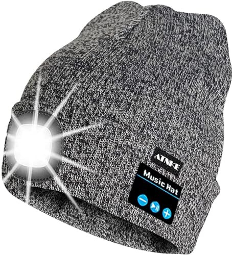 ATNKE LED-upplyst Bluetooth-mössa, USB-laddningsbar trådlös musikalisk löparhatt ultraljus 4 LED vattentät lampa användning för skidåkning vandring camping cykling, Blandad svartvit, one size