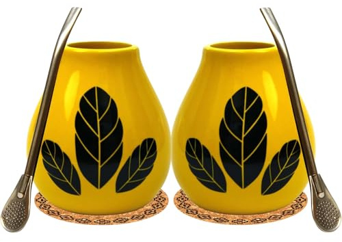 Yerba Mate-Tee Kalebasso set för två ● 2 Mate HOJA tekoppar 350 ml ● Keramisk tekopp ● 2 sugrör av rostfritt stål 19 cm bombilla ● 2 korkdynor ● keramisk mugg med halm