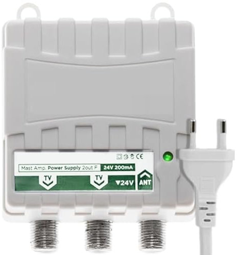 TECHZOCO Fuente de Alimentación para amplificador de mástil Antena TV, Intensidad máxima de salida: 160mA, Voltaje de salida: 24V DC, Rango de Frecuencia: 5-1000MHz, 1 entrada 2 salidas