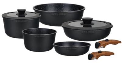 Royal Swiss Kochgeschirr, Induktion, 9-teilig, 2 abnehmbare Griffe, Topfset mit Deckel für alle Herdarten - Beige Diamant - Töpfe und Pfannen ohne PFOA - PFAS (Schwarzer)