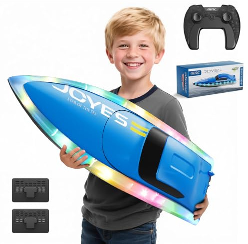 4DRC S7 Barca RC con luce LED, 50+ minuti, auto diritto remoto barca per piscine e laghi, 15+ MPH, 2.4GHz barche da corsa, 2 batterie, giocattoli da piscina per bambini, moto d'acqua radiocomandata