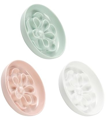 Comedero Gato Antivoracidad de Melamina - Cuencos para Gatos de Alimentación Lenta - Fleurs Labyrinthe - Apto para lavavajillas - Set de 3 (Blanca, Rosa y Verde)