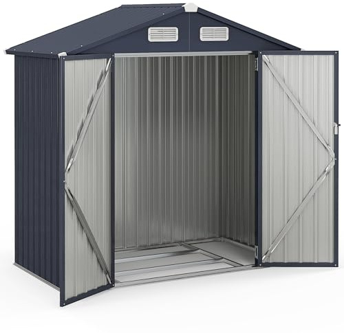 HOMASIS Casetta Porta Attrezzi da Giardino, Capanno da Giardino in Metallo con 4 Aperture, 2 Porte con Bloccaggio, Porta Attrezzi da Esterno Impermeabile e Resistente, 193 x 108 x 196 cm, Grigio