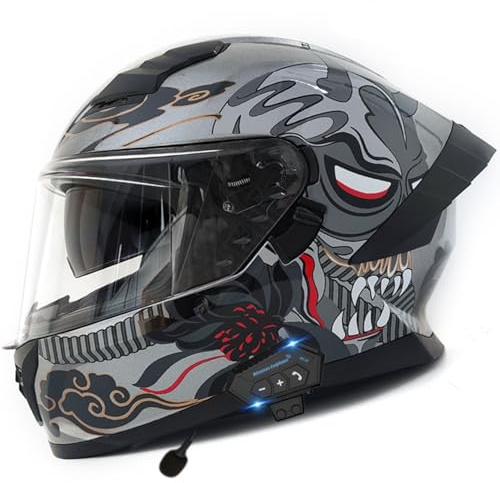 Caschi Integrale Moto Retrò con Bluetooth Approvato DOTECE Caschi Integrale Modulari per Uomini E Donne Adulti Casco Moto Bici Strada con Doppia Visiera Casco da Motocross C,XXL=63~64CM