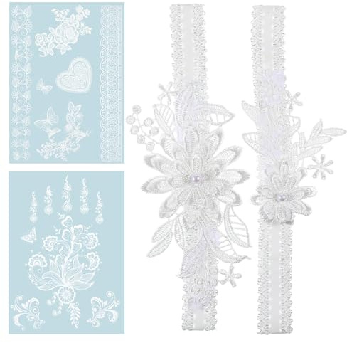 Tweruna 2 PCS Wedding Garter for Bride, White Bridal Garter for Bride with 2 Sheets White Lace Temporary Tattoos, Wedding Garters Set for Women