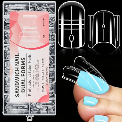 MELLIEX 180 Pezzi Dual Form Sandwich per Piedi, Quadrate Dual ToeNail Form Kit Riutilizzabile Unghie Finte Pedi Tip per Estensione Ricostruzione, 15 Dimensioni (Trasparente)